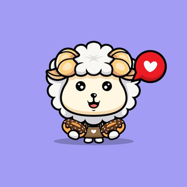 Cute sheep love donuts cartoon icon character chibi animal mascot illustration vector