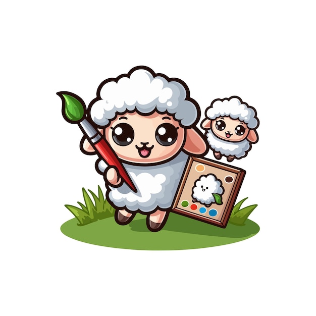 Vector cute sheep painting grass cartoon vector icon illustration animal art icon isolated flat 1