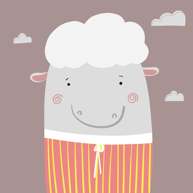 cute sheep portrait, vector clipart, funny children's illustration with cartoon character