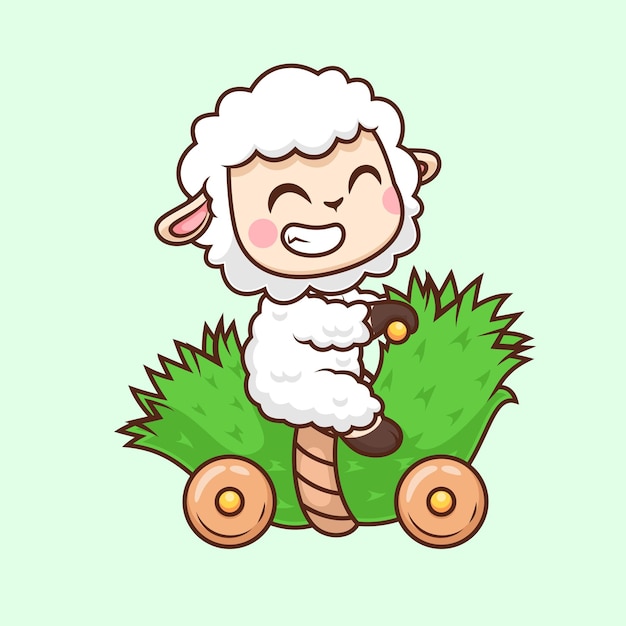 Cute Sheep Riding Grass Motorcycle Toy Cartoon Vector Icon Illustration Animal Transportation Flat