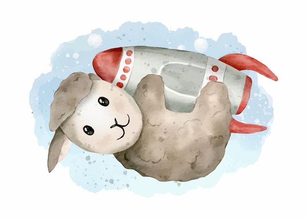 cute sheep on the rocket watercolor