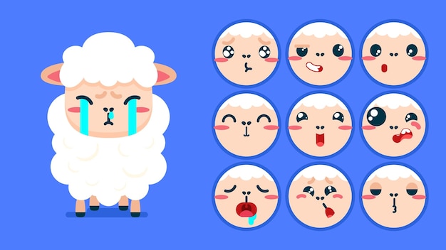 Vector cute sheep set of animal emotions tiny sheep with emoji collocation sleeping crying sad bored