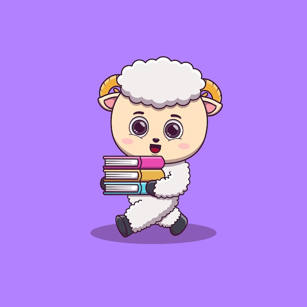 Cute sheep walking and bring some books