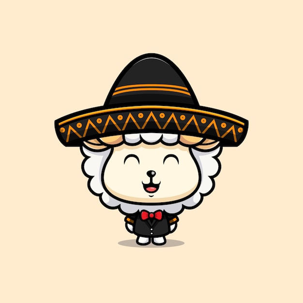 Cute sheep wearing mariachi suit cartoon icon character chibi animal mascot illustration vector