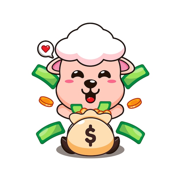 cute sheep with money bag cartoon vector illustration