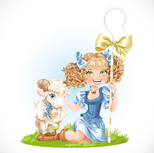 Cute shepherdess with lamb sit on green grass