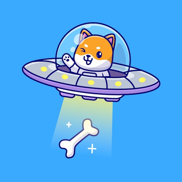 Cute Shiba Inu Catching Bone With Ufo Cartoon Vector Icon Illustration Animal Technology Isolated