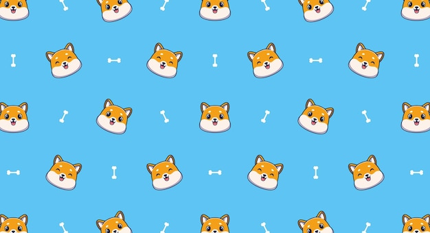 Cute shiba inu dog cartoon seamless pattern, vector illustration