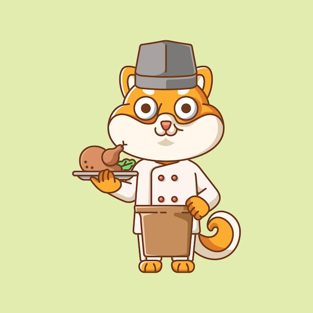 Cute shiba inu dog chef cook serve food animal chibi character mascot line art style illustration