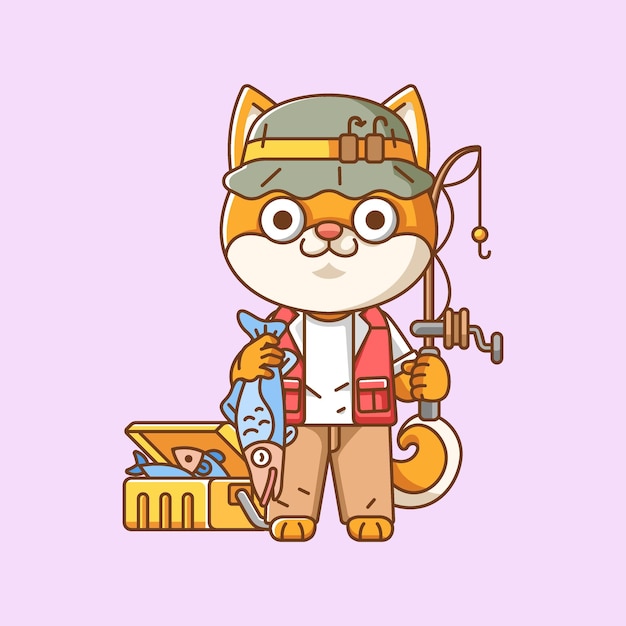 Cute shiba inu dog fisher fishing animal chibi character mascot icon line art style illustration