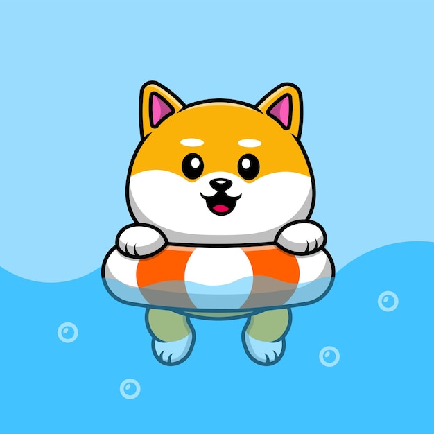 Cute Shiba Inu Dog Floating With Swimming Tires On Sea Cartoon Vector Icon Illustration