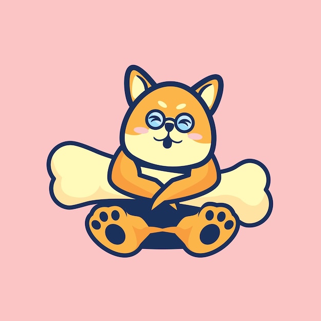 Cute Shiba inu dog hug big bone cartoon flat minimalism vector illustration