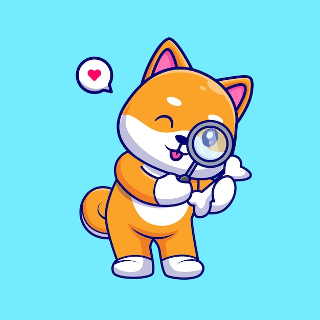 Cute Shiba Inu Dog Looking At Bone With Magnifying Glass Cartoon Vector Icon Illustration. Animal