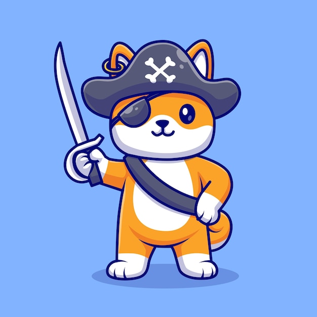 Cute Shiba Inu Dog Pirate Cartoon Vector Icon Illustration. Animal Holiday Icon Concept Isolated