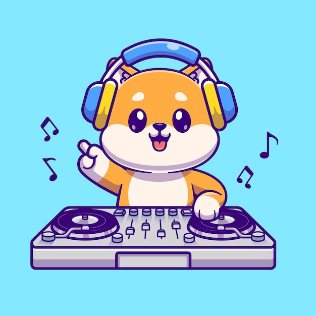 Cute Shiba Inu Dog Playing Dj Electronic Music With Headphone Cartoon Vector Icon Illustration Flat