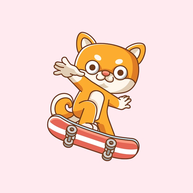 Cute shiba inu dog Playing Skateboard animal kawaii chibi character mascot illustration outline