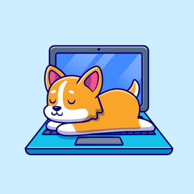 Cute Shiba Inu Dog Sleeping On Laptop Cartoon