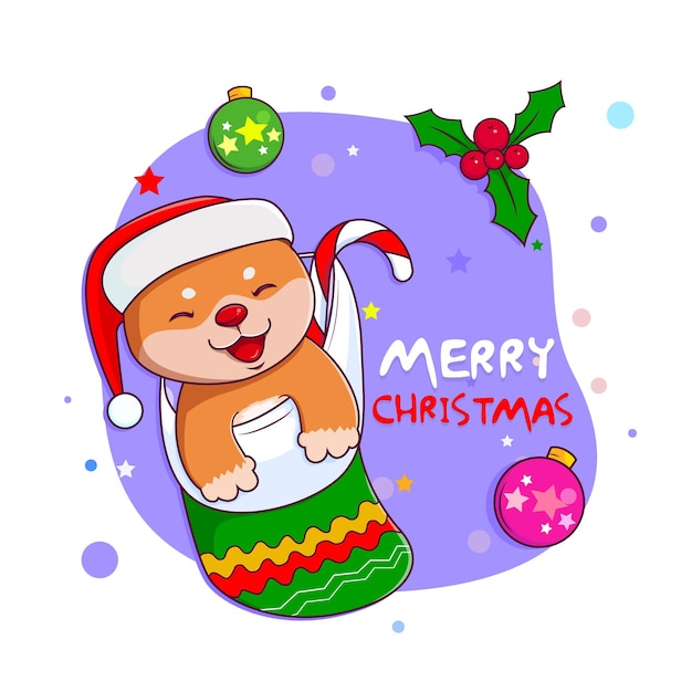 Cute shiba inu dog in sock christmas hand drawn cartoon style