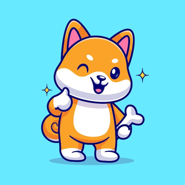 Cute Shiba Inu Holding Bone With Thumb Up Cartoon Vector Icon Illustration Animal Nature Isolated