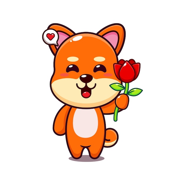 cute shiba inu holding rose flower cartoon vector illustration