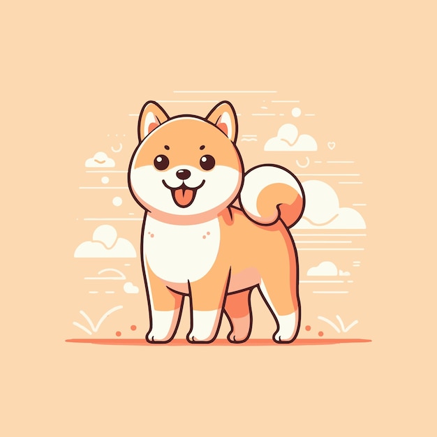 Vector cute shiba inu stands happily on orange background