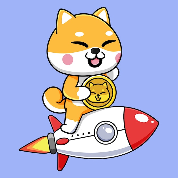 cute shiba inu with dogecoin and flying rocket