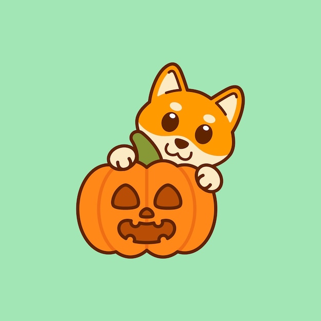 Cute Shiba Inu With Jack o Lantern Pumpkin