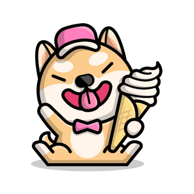 CUTE SHIBA IS HOLDING AN ICE CREAM CARTOON ILLUSTRATION.