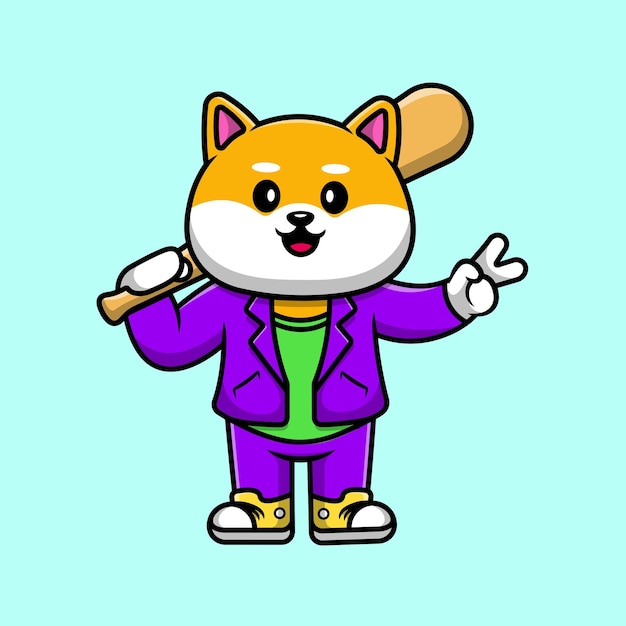 Cute Shiba With Baseball Bat Cartoon Vector Icon Illustration