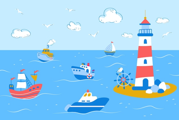 Cute ship and cruiser in ocean landscape Cartoon sailboat trip and lighthouse Horizontal childish background nowaday sea adventures vector banner