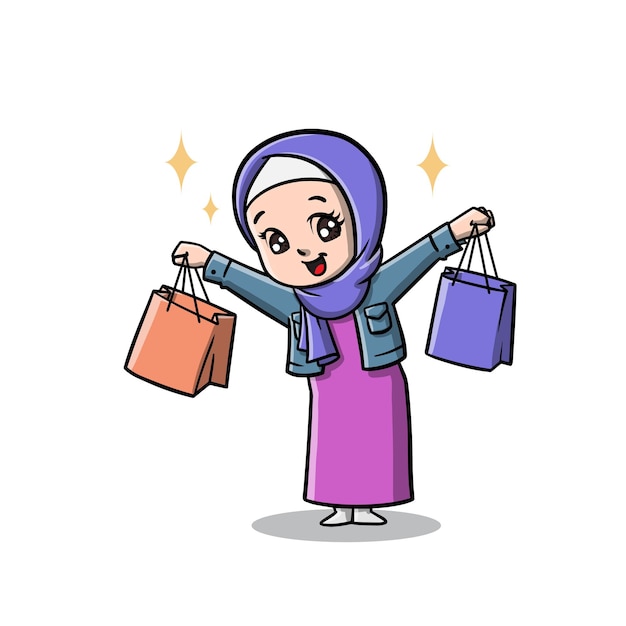 Cute Shopping Hijab Muslim Girl Cartoon