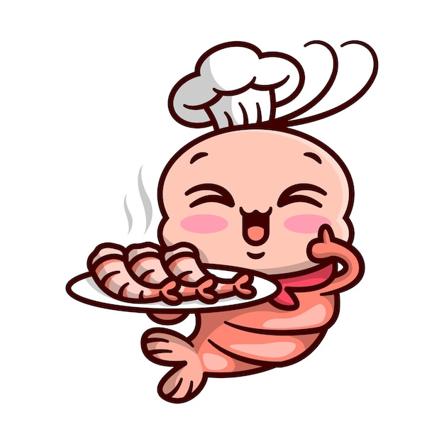 CUTE SHRIMP CHEF IS SMILING AND SERVING A PLATE OF SHRIMP CUISINE HIGH QUALITY CARTOON MASCOT