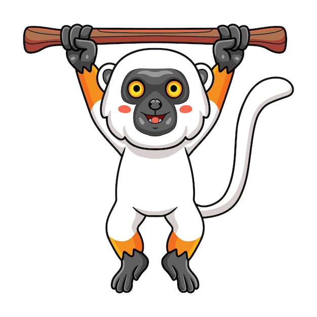 Cute sifaka lemur monkey cartoon hanging on tree