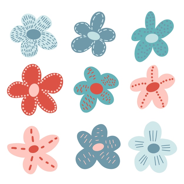 Cute simple hand drawn flower fantasy doodles decorated with lines and dots Floral clip art