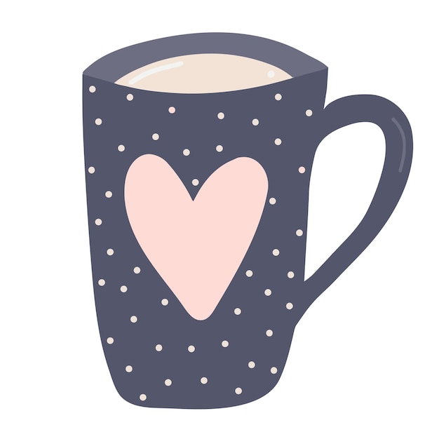 Cute single hand drawn winter dark blue with heart cozy cup of warm coffee tea with milk element