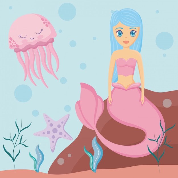 Cute siren with octopus and starfish