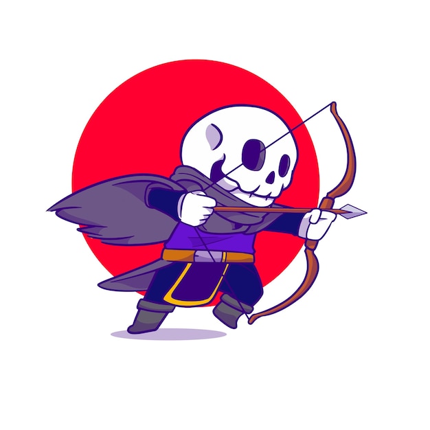 Cute skeleton aiming with an arrow cartoon illustration