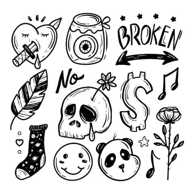 Cute skull hand drawing sticker collection