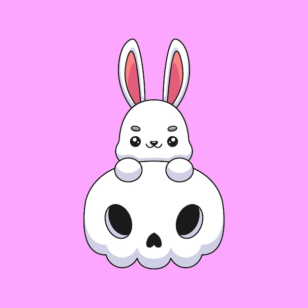 Cute skull rabbit halloween cartoon mascot doodle art hand drawn concept vector kawaii icon illustration