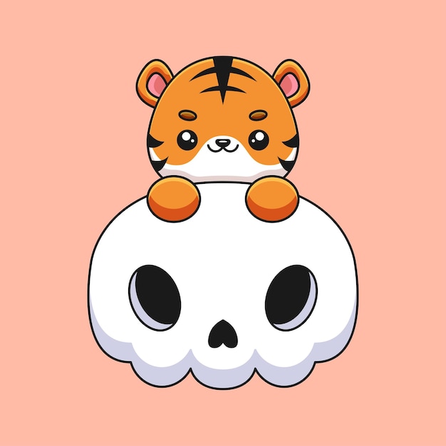 Cute skull tiger halloween cartoon mascot doodle art hand drawn concept vector kawaii icon illustration