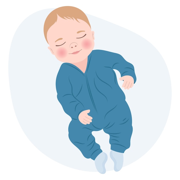 Cute sleeping baby boy in blue clothes, newborn baby boy. Children's card, print, illustration