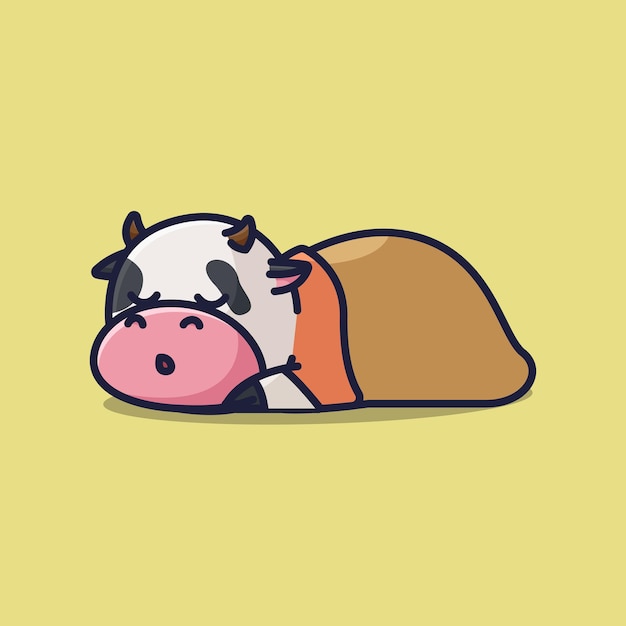 Vector cute sleeping cow with blanket simple vector illustration