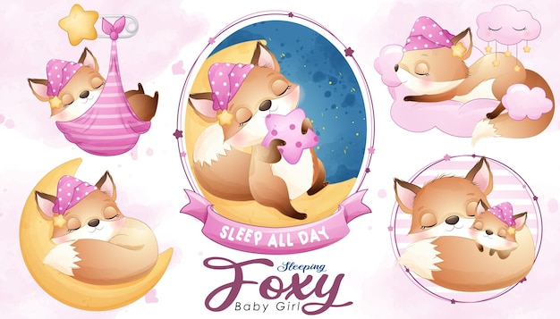 Cute sleeping foxy baby shower with watercolor illustration set