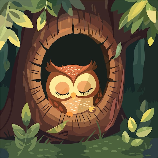 Vector cute sleeping owl bird cartoon forest woodland animal wildlife nature illustration background