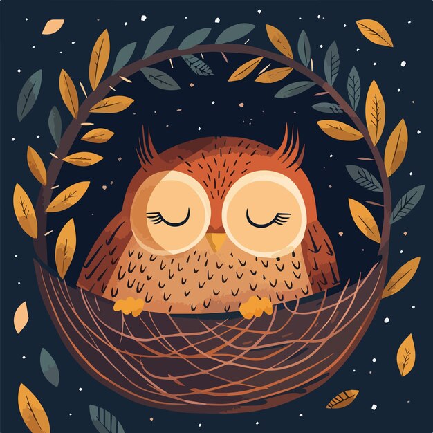 Vector cute sleeping owl in nest autumn illustration fall foliage wildlife nature night sky design digital artwork graphic cartoon icon logo bird animal nocturnal woodland forest branch twig leaves