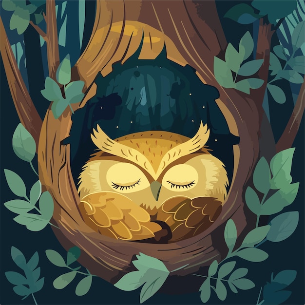 Vector cute sleeping owl in tree hollow night wildlife illustration background forest animals nocturnal bird cartoon style design digital art graphic woodland nature wilderness birding ornithology