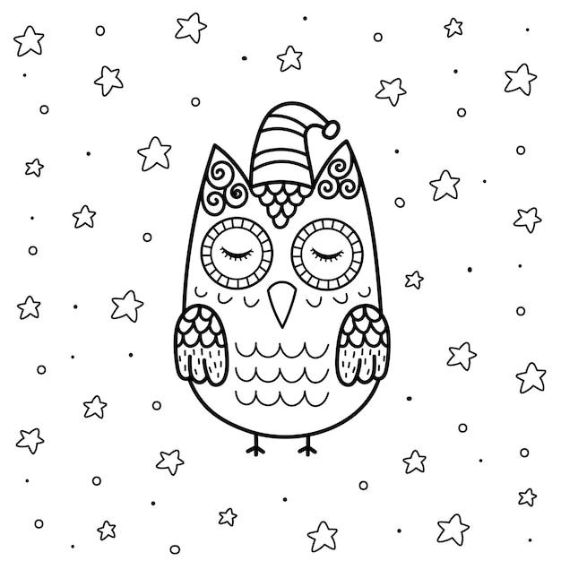 Cute sleeping owl in zentangle style coloring page for kids. Black and white magical background with funny character.