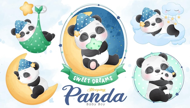 Cute sleeping panda baby shower with watercolor illustration set