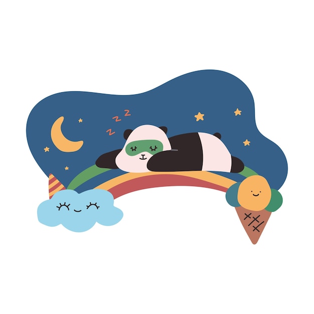 Cute sleeping panda on rainbow vector cartoon illustration isolated on a white background