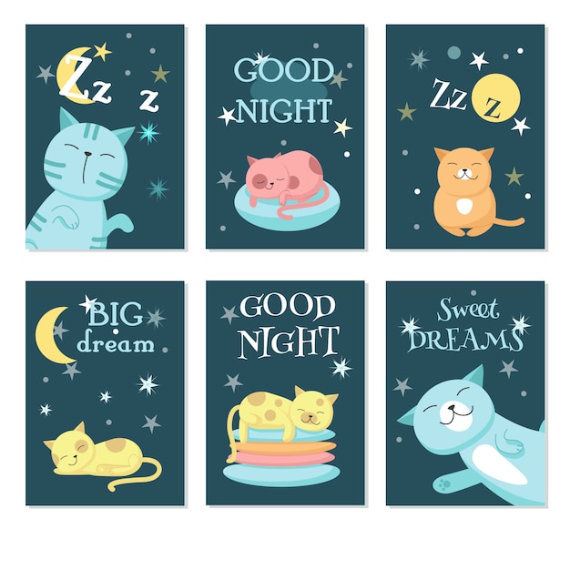 Cute sleeping pet cats vector card set